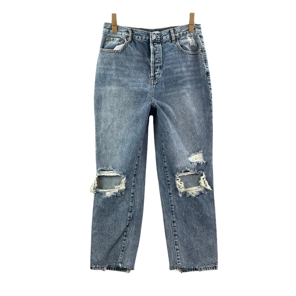 PacSun High Rise Straight Jeans Mens 30X25 Blue Distressed Knee Blowout Raw Hem